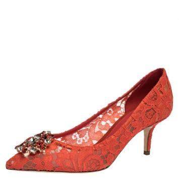 Pre Owned Dolce & Gabbana Orange Lace Jeweled Embellishment Pointed Toe Pumps Size 37