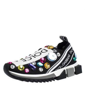 Pre Owned Dolce & Gabbana Black/White Stretch Jersey Crystal Embellished Slip On Sneakers Size  38