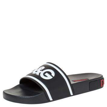 Pre Owned Dolce & Gabbana Black Leather and Rubber Slides Size 40