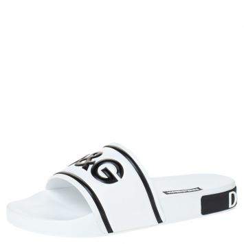 Pre Owned Dolce & Gabbana White Leather and Rubber Slides Size 41