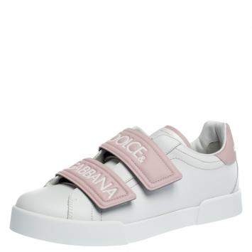 Pre Owned Dolce & Gabbana White/Pink Leather Logo Velcro Straps Sneakers Size 40.5