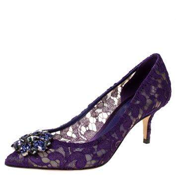 Pre Owned Dolce & Gabbana Purple Lace Jeweled Embellishment Pointed Toe Pumps Size 38