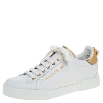 Pre Owned  Dolce & Gabbana White/Gold Leather Portofino Pearl Embellished Low Top Sneakers Size 38.5