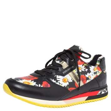 مملوكة مسبقًا Dolce and Gabbana Black Poppy Print Leather, Snake and Lizard Trim Nigeria Sneakers Size 41