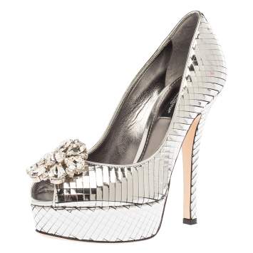Pre Owned  Dolce & Gabbana Metallic Silver Patent Leather Platform Bette Crystal Embellished Peep Toe Pumps Size 37               