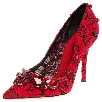 Pre Owned Dolce & Gabbana Red Lace Crystal Embellished Pointed Toe Pumps Size 39