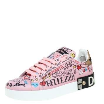 Pre Owned Dolce & Gabbana Pink Leather Portofino Graffiti Print Low Top Sneakers Size 36.5