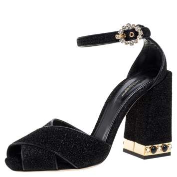 Pre Owned Dolce & Gabbana Black Fabric Crystal Embellished Block Heel Sandals Size 39