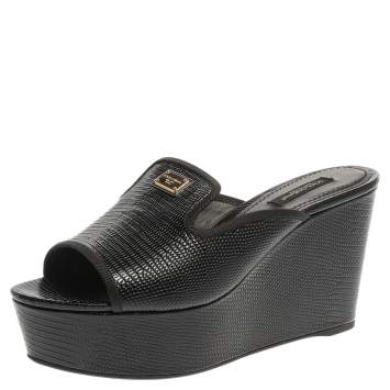 Pre Owned Dolce & Gabbana Black Lizard Embossed Leather Wedge Sandals Size 38