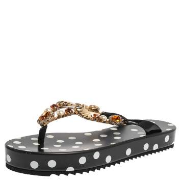 Pre Owned Dolce & Gabbana Black Polka Dots Patent Leather Jewel Embellished Beach Platform Slide Sandals Size 40