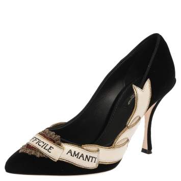 Pre Owned Dolce & Gabbana Black Velvet Love Embellished Pointed Toe Pumps Size 37