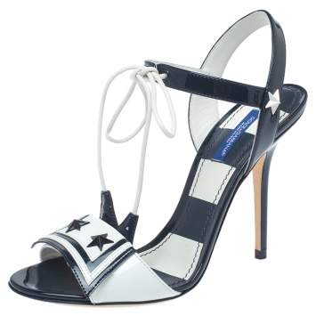 Pre Owned Dolce & Gabbana Navy Blue/White Patent Leather Keira Ankle Tie Open Toe Sandals Size 37.5