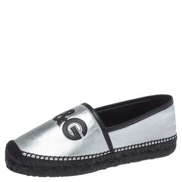 Pre Owned Dolce & Gabbana Silver/Black Leather I Love DG Print Espadrille Flats Size 41