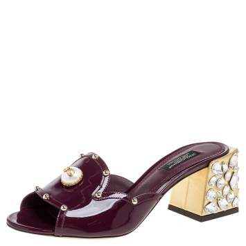 Pre Owned Dolce & Gabbana Burgundy Patent Leather Crystal Embellishment Block Heel Mules Size 37
