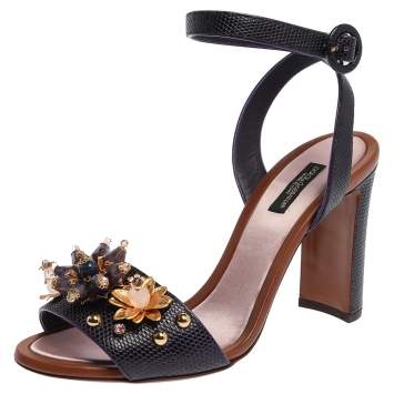 Pre Owned Dolce & Gabbana Purple Lizard Embossed Leather Crystal Embellished Ankle Strap Sandals Size 38