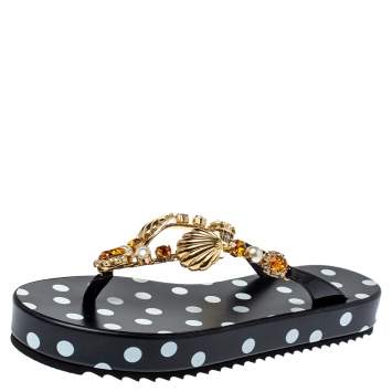 Pre Owned Dolce & Gabbana Black Polka Dots Crystal Embellished Thong Sandals Size 38