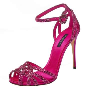 Pre Owned Dolce & Gabbana Pink Satin Crystal Embellished Ankle Strap Sandals Size 38