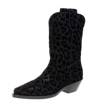 Pre Owned Dolce & Gabbana Black Animal Print Lurex and Velvet Cowboy Boots Size 37.5