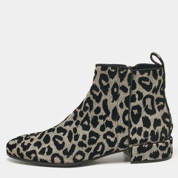 Pre Owned Dolce & Gabbana Black/Silver Animal Print Lurex and Velvet Ankle Boots Size 39