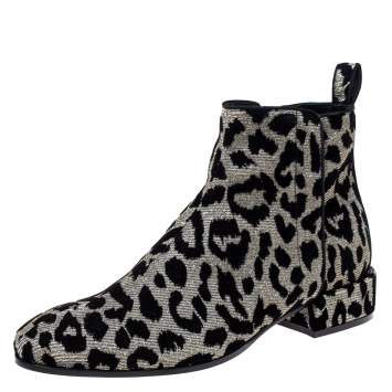 Pre Owned Dolce & Gabbana Black/Silver Animal Print Lurex and Velvet Ankle Boots Size 37