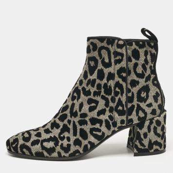 Pre Owned Dolce & Gabbana Black/Silver Animal Print Lurex and Velvet Ankle Boots Size 39