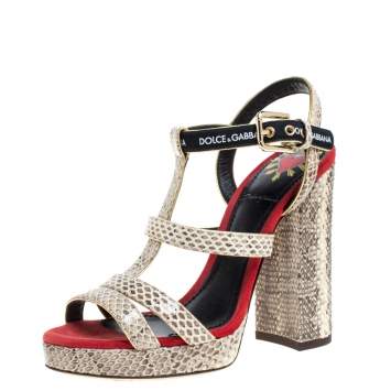 Pre Owned Dolce & Gabbana Beige Snakesking DG Logo Platfom Sandals Size 36
