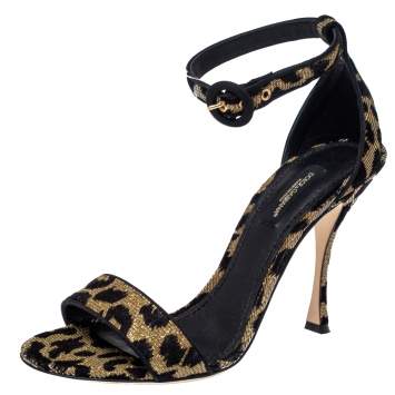 Pre Owned Dolce & Gabbana Gold/Black Animal Print Lurex and Velvet Ankle Strap Sandals Size 40.5