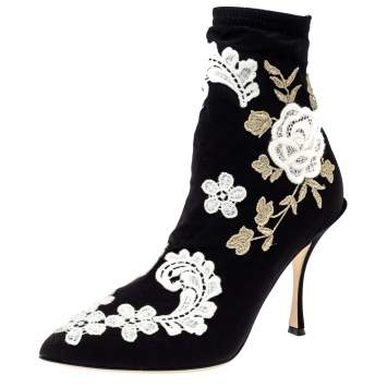 Pre Owned Dolce & Gabbana Black Jersey Flower Embroidered Stretch Booties Size 37