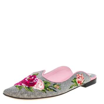 Pre Owned Dolce & Gabbana Silver Rose Embroidered Lurex Fabric Aladino Peony Mules Size 36.5
