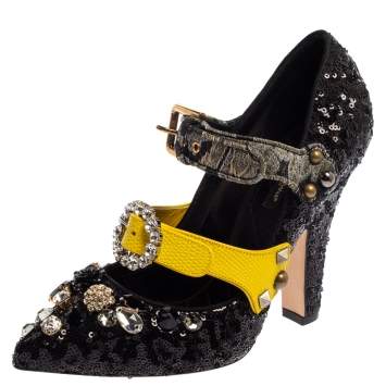 Pre Owned Dolce & Gabbana Black Sequins Embellished Buckle Strap Size 39