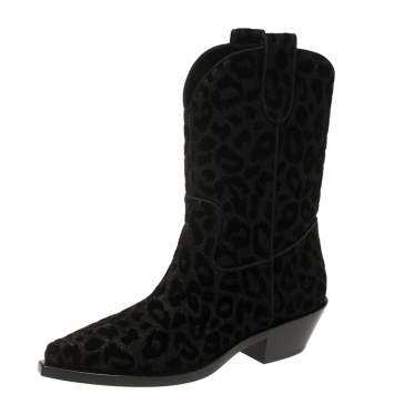 Pre Owned Dolce & Gabbana Black Animal Print Lurex and Velvet Cowboy Boots Size 38.5