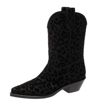 Pre Owned Dolce & Gabbana Black Animal Print Lurex and Velvet Cowboy Boots Size 40