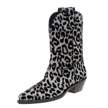 Pre Owned Dolce & Gabbana Black/Silver Animal Print Lurex and Velvet Cowboy Boots Size 39.5
