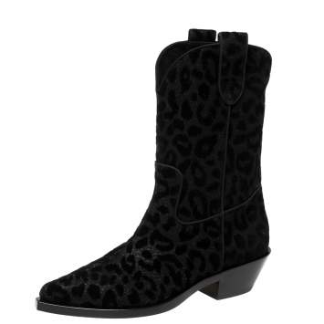 Pre Owned Dolce & Gabbana Black Animal Print Lurex and Velvet Cowboy Boots Size 39