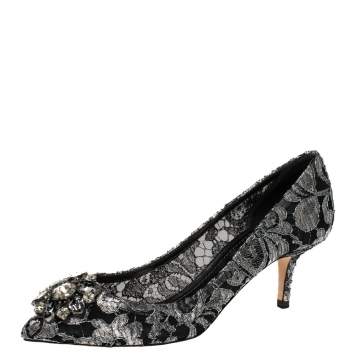 Pre Owned Dolce & Gabbana Metallic Silver Lace Bellucci Pumps Size 38