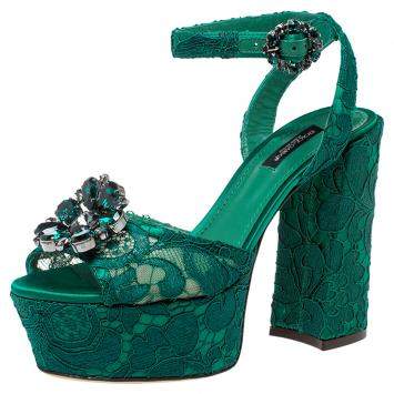 Pre Owned Dolce & Gabbana Green Lace Keira Embellished Platform Sandals Size 37.5