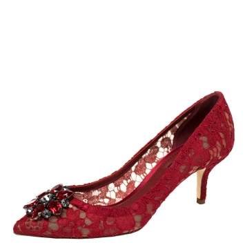 Pre Owned Dolce & Gabbana Burgundy Lace Bellucci Pumps Size 38.5