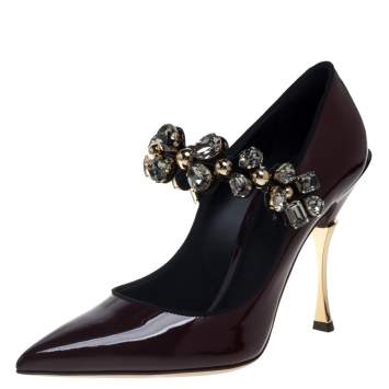 Pre Owned Dolce & Gabbana Burgundy Patent Leather Mary Jane Crystal Embellished Pumps Size 37