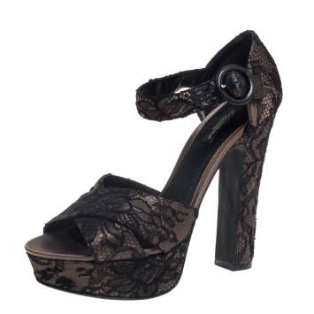 Pre Owned Dolce & Gabbana Black/Beige Satin and Lace Ankle Strap Sandals Size 38.5