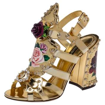 Pre Owned Dolce & Gabbana Gold Patent And Leather Mordore Embellished Sandals Size 37