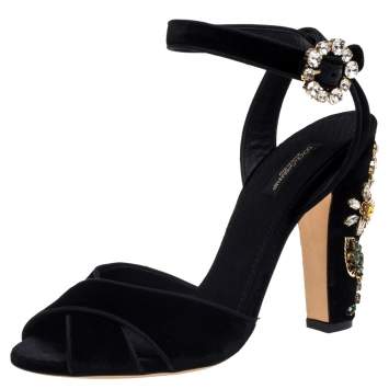 Pre Owned Dolce & Gabbana Black Velvet Crystal Embellished Sandals Size 39