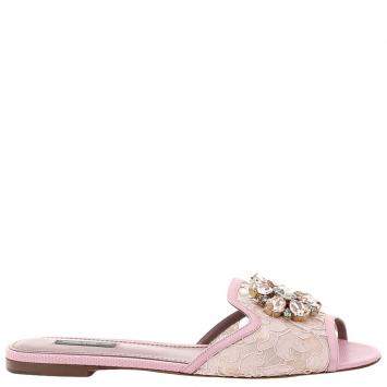 Pre Owned Dolce & Gabbana Pink Taormina Lace Crystals Mules Size IT 39