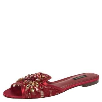 Pre Owned Dolce & Gabbana Burgundy Lace Crystal Embellished Flats Size 38.5