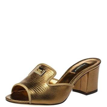 Pre Owned Dolce & Gabbana Metallic Gold Lizard Embossed Leather Mules Sandals Size 36