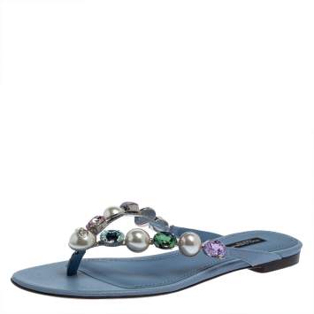Pre Owned Dolce & Gabbana Blue Leather Crystal Embellished Thong Flat Sandals Size 38