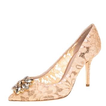 Pre Owned Dolce & Gabbana Peach Lace And Mesh Crystal Taormina Pumps Size 38.5