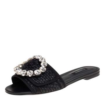 Pre Owned Dolce & Gabbana Black Woven Raffia Crystal Embellished Flat Slides Size 37