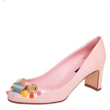 Pre Owned Dolce & Gabbana Pink Patent Leather Seamstress Block Heel Pumps 35.5