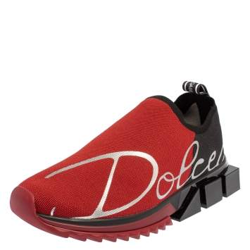Pre Owned Dolce & Gabbana Red/Black Knit Fabric Sorrento Slip On Sneakers Size 41