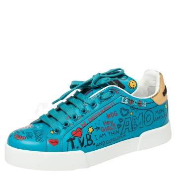 Pre Owned Dolce & Gabbana Blue Leather Graffiti Low Top Sneakers Size 36